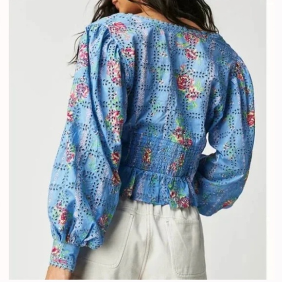 Free People Blossom Blue Eyelet Top Powder Blue Cottagecore Floral XL - Picture 3 of 16